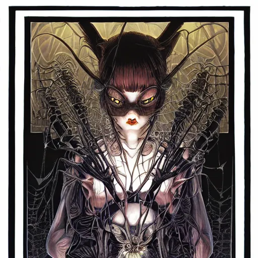 Image similar to portrait of crazy dark girl with spiders around, symmetrical, by yoichi hatakenaka, masamune shirow, josan gonzales and dan mumford, ayami kojima, takato yamamoto, barclay shaw, karol bak, yukito kishiro