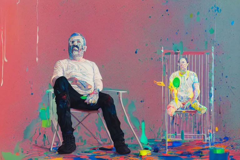 Prompt: portrait of a morphed painter sitting in a chair next to a bbq, art by james jean and luc tuymans and vincent lefevre and hernan bas and pat steir and hilma af klint, psychological, dripping paint, high quality render, cg society contest winner, retrofuturism, masterpiece