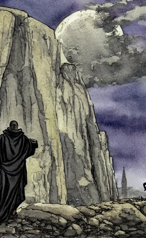 Prompt: a realistic and atmospheric watercolor fantasy concept art of giant monk with an elongated head in grey robes sitting in stonehenge. in the foreground a tiny medieval monk in grey robes is praying. in the background a ufo is in the sky. by rebecca guay, michael kaluta, charles vess