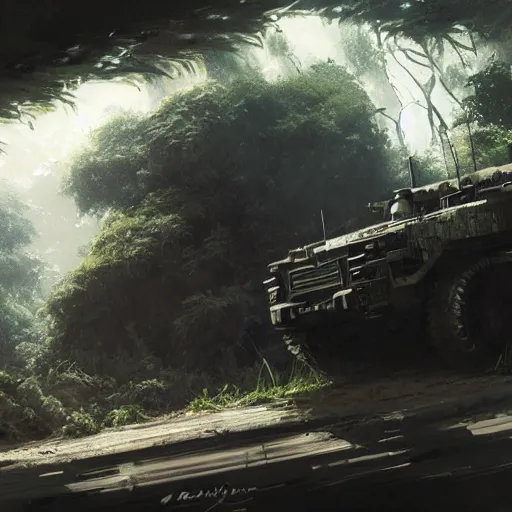 Image similar to an armored vehicle driving through the jungle, dramatic lighting, illustration by Greg rutkowski, yoji shinkawa, 4k, digital art, concept art, trending on artstation