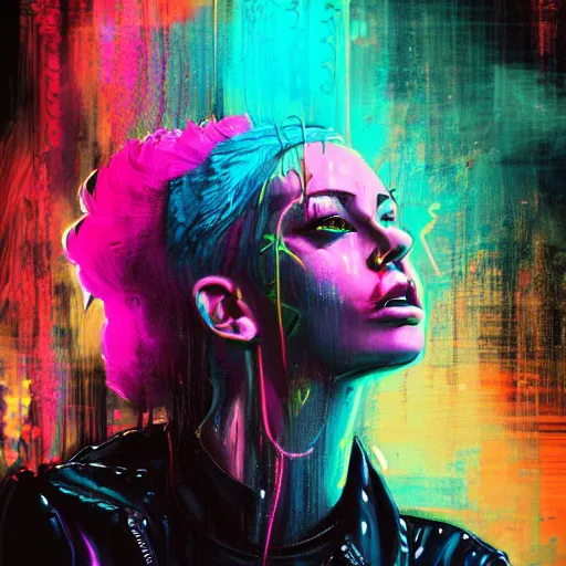 Image similar to splashes of neon clouds, mowhawk, punk women portrait made out of paint with rain in the background, trending on artstation, epic composition, emotional, beautiful, rendered in octane, highly detailed, realistic, comic book art, sharp focus, matte painting, unreal engine