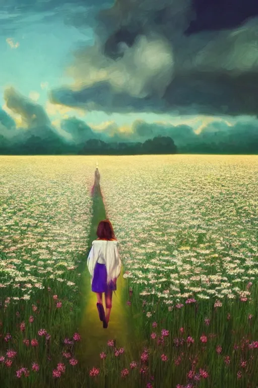 Image similar to white daisy flowers as head veil, girl walking in a flower field, surreal photography, sunrise, dramatic light, impressionist painting, colorful clouds, digital painting, artstation, simon stalenhag