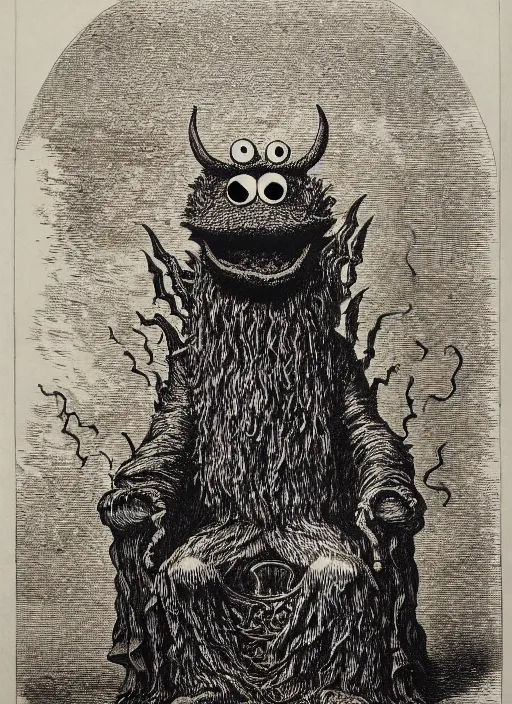 Prompt: cookie monster sitting on a throne, demon from the dictionarre infernal, etching by louis le breton, 1 8 6 9, 1 2 0 0 dpi scan, ultrasharp detail, clean scan