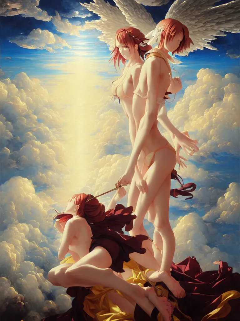 Prompt: baroque oil painting of key visual victoria secret angels, clouds, brutalist fantasy, rule of thirds golden ratio, fake detail, trending pixiv fanbox, acrylic palette knife, style of makoto shinkai takashi takeuchi yoshiyuki sadamoto