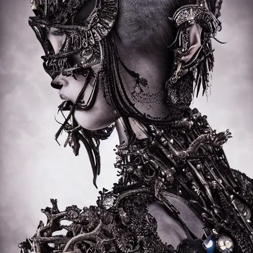 Image similar to a female model by stefan geselle and nekro borja, photorealistic, biomechanical, crystals, intricate details, hyper realistic, ornate headpiece, dark beauty, photorealistic, canon r 3, photography, wide shot, photography, dark beauty, symmetrical features