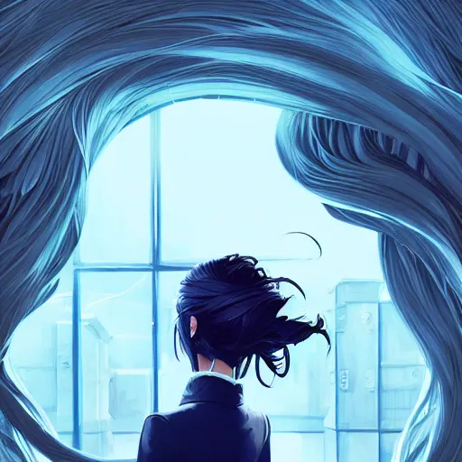 Image similar to low - angle shot from behind of a long blue - haired girl in a tailcoat overlooking noxus, noir, screenshot, sharp focus, intricate, illustration, cell shaded, digital painting, highly detailed, straight hair, art by ilya kuvshinov, wlop, greg rutkowski, studio quality, james jean