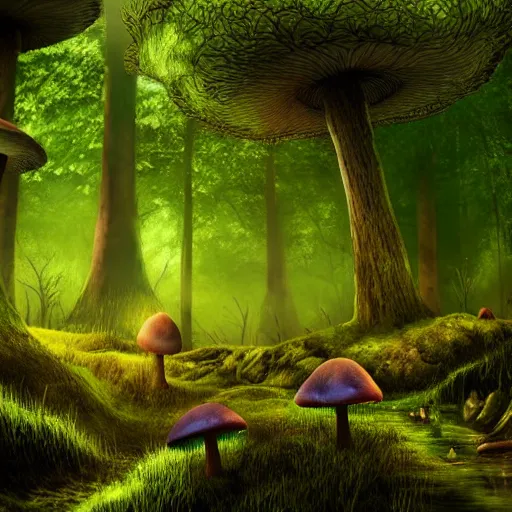 Image similar to mushroom forest, realistic, detailed, epic angle, bloody river, ambient green light,