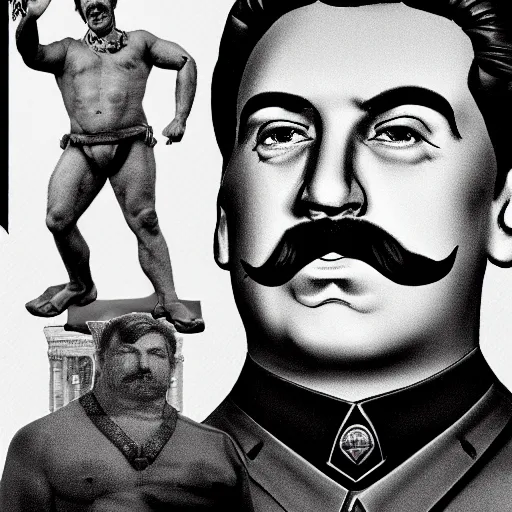 Image similar to lgbt art, tom of finland style, stalin, lenin, in billy herrington body, big, daddy, art in 4 k, high quality