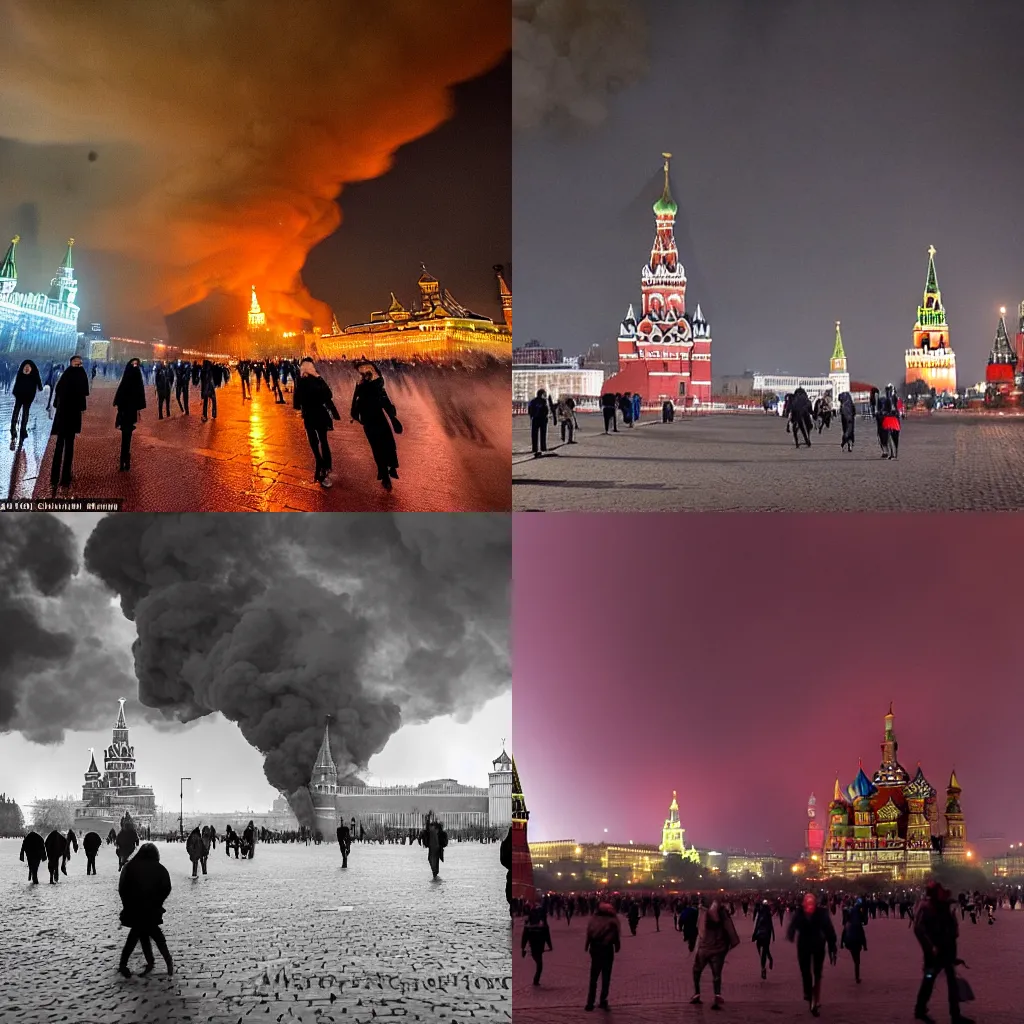 Prompt: apocalypse on the Red Square in Moscow, burning Kremlin, dark sky covered in smoke, dramatic photography