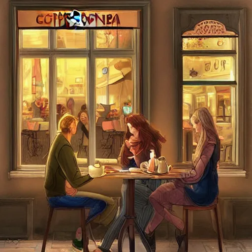 Image similar to contemporary vienna coffeehouse scene, cozy, highly detailed, digital painting, artstation