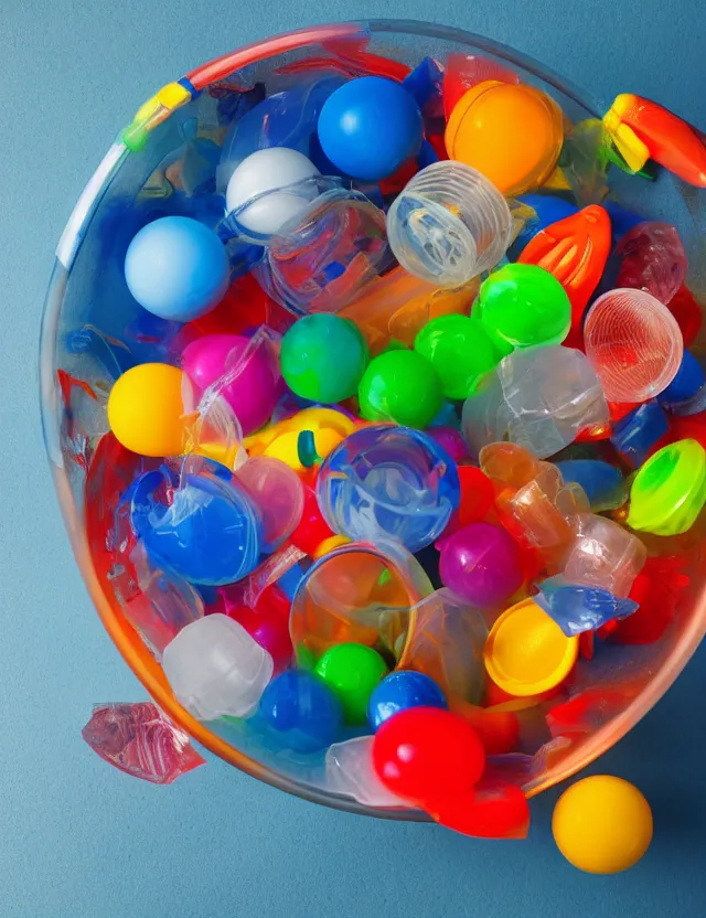 Image similar to a well - lit studio photograph of various plastic toys floating in a bowl of water, some smooth, some wrinkled, some long, various sizes, textures, and transparencies, beautiful, smooth, detailed, inticate