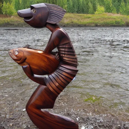 Prompt: wooden sculpture of a woman catching a salmon, polished maple, thoughtful, elegant, real