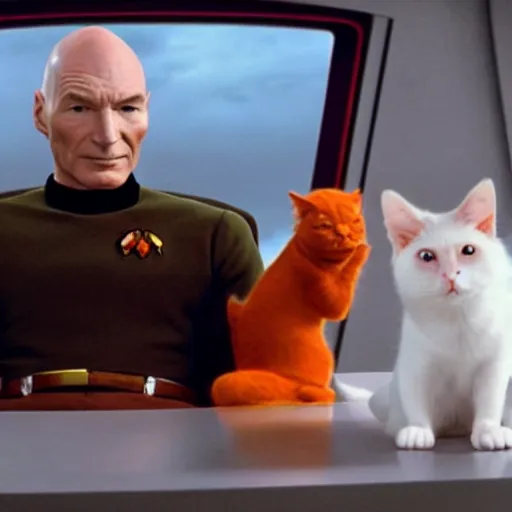Prompt: Captain Picard sitting on the bridge of the Enterprise with a white and orange cat in his lap. Movie still, highly detailed,