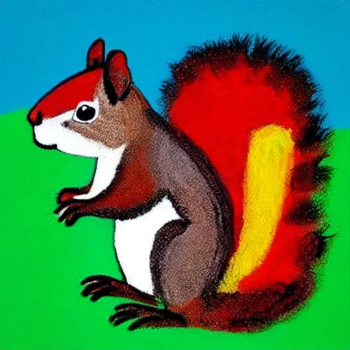 Prompt: a happy squirrel in childish crayon art style