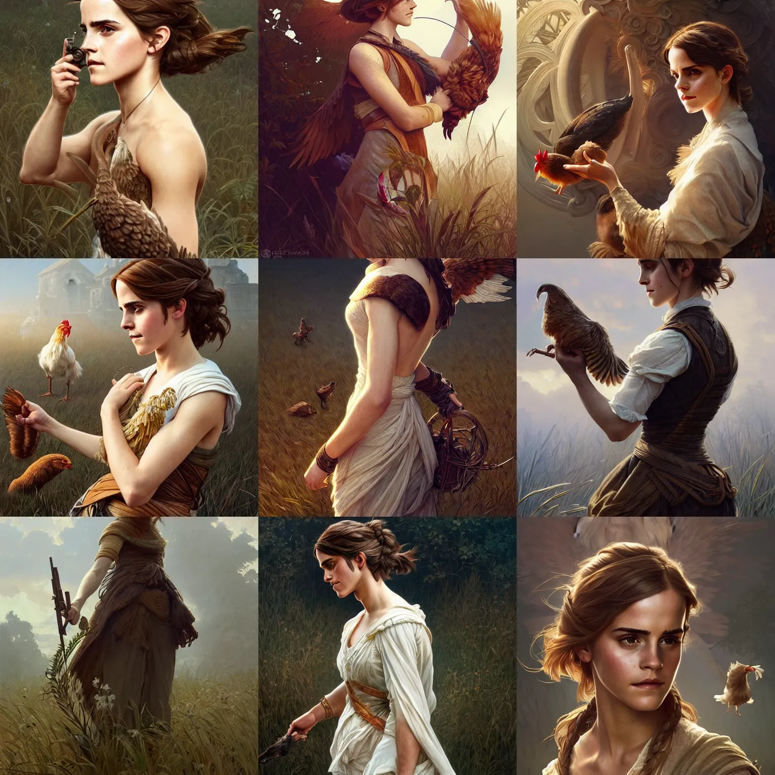 Prompt: ultra realistic illustration, emma watson hunting ancient chickens, intricate, elegant, highly detailed, digital painting, artstation, concept art, smooth, sharp focus, illustration, art by artgerm and greg rutkowski and alphonse mucha