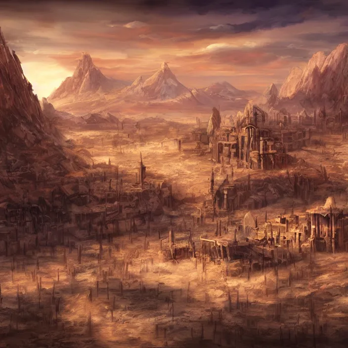 Image similar to large fantasy western town in the middle of a sandy desert with a mountain on the horizon. magic the gathering art, digital media