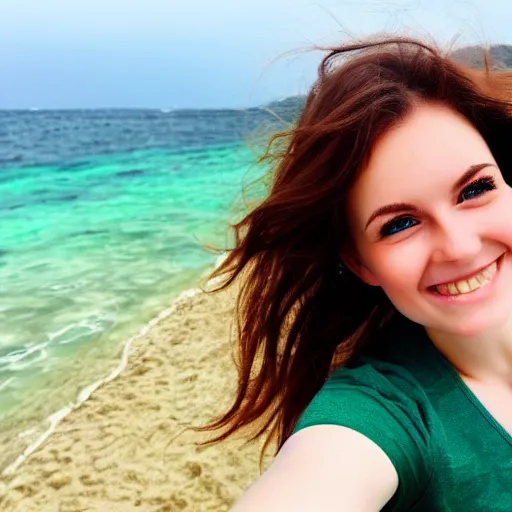 Prompt: Selfie photograph of a cute young woman with bronze brown hair and vivid green eyes, smiling smugly, soft focus, medium shot, mid-shot, beach background