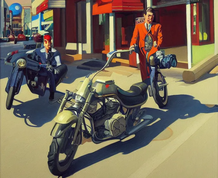 Image similar to a very detailed painting of a astronaut wearing a suit, riding a motorbike down a street, harley davidson motorbike, worm's - eye view, very fine brush strokes, very aesthetic, very futuristic, in the style of edward hopper and grant wood and syd mead, 4 k,