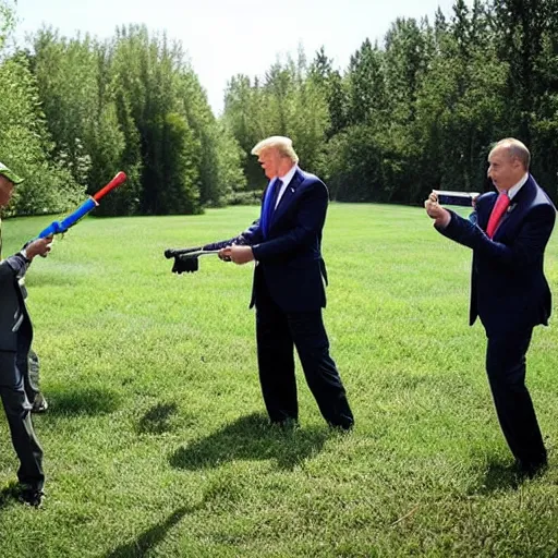 Image similar to photo of putin, trump and obama using water guns at each other