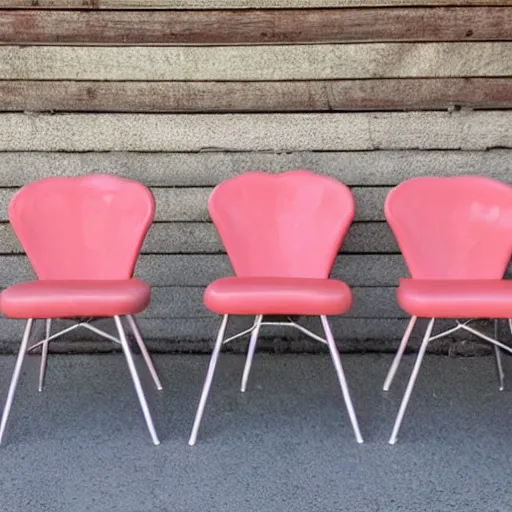 Prompt: photo, photography, mid - century kitchen chairs, vintage home wall art, 5 0 s chrome, pink, coral, retro, coral, salmon, diamond, dinette set