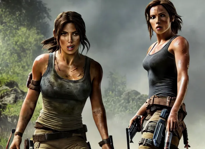 Image similar to film still of!!!! chloe bennett!!! as lara croft in new tomb raider movie, 8 k