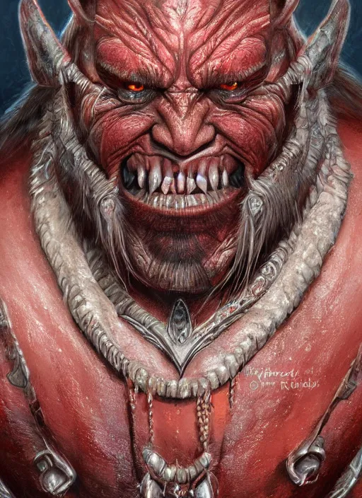 Prompt: red skin, orc, smiling, beautiful detailed eyes, cute, fantasy, intricate, elegant, highly detailed, digital painting, 4k, HDR, concept art, detailed jewelry, smooth, sharp focus, illustration, by Wayne Reynolds