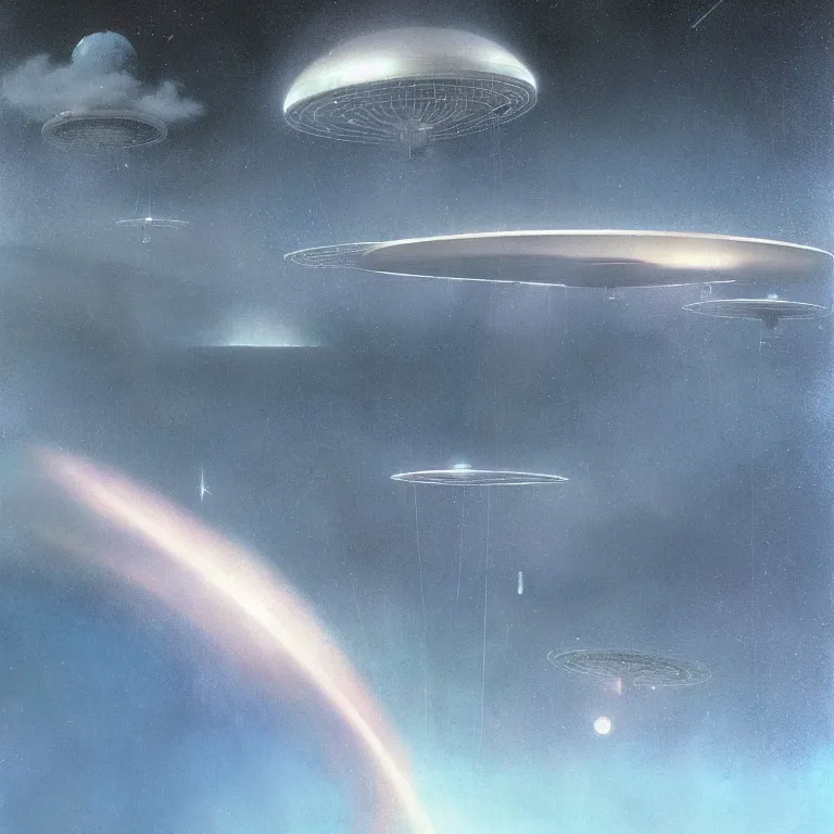 Prompt: “long umbrella space stations above a wispy hazy cloudy atmosphere of the planet Venus against a dark starry sky, space elevator, radio antenna, sci-fi concept art, by John Harris, by John Berkey, 8k beautiful image, highly detailed painting”