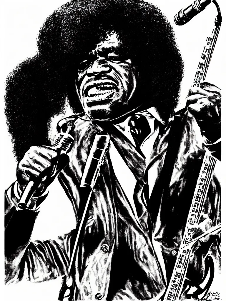 Prompt: illustration of james brown, james brown 7 0 ’ s concert poster, very fine detail, highly detailed, colored illustration, “ superbad ”,