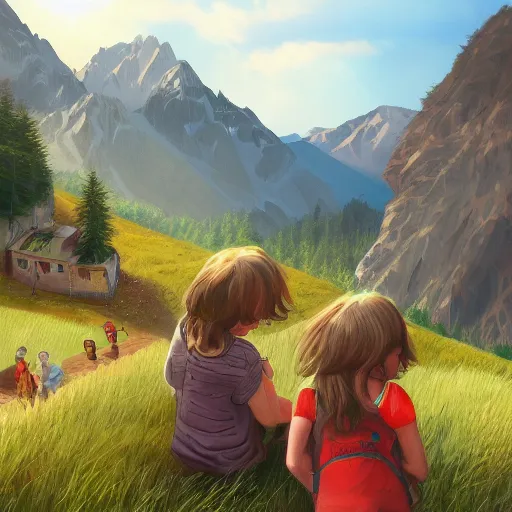 Prompt: children on a trip, mountains, fields, highly detailed, artstation, by alena aleani