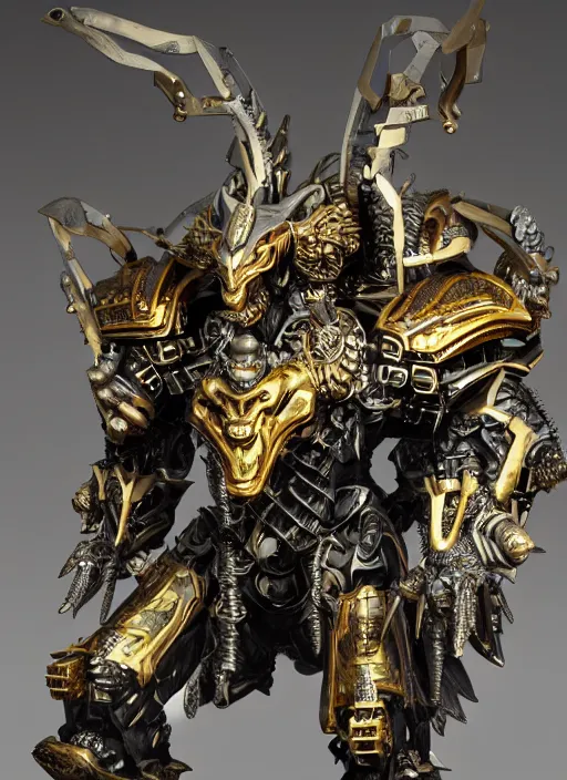 Image similar to hyper realistic glorious ancient wargreymon in a obsidian metal armor, futuristic design, designed by makoto kobayashi and luca zampriolo, portrait, cyberpunk style, wood and gold details, intricate, extremely detailed, ornate, deep of field, hard surface, exoskeleton, substance designer metal unreal engine. amazing likeness. very detailed.