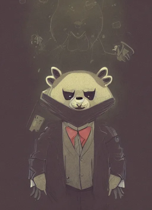 Image similar to an illustration portrait of an anthropomorphic raccoon mob boss, by victo ngai, by stephen gammell, by george ault, in the style of animal crossing, artstation