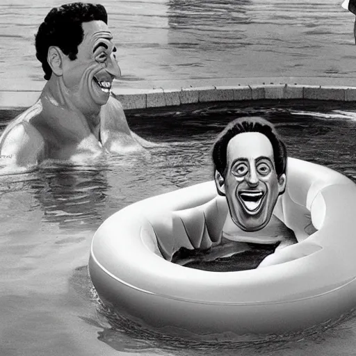 Prompt: jerry seinfeld drowning jim varney in an inflatable kids pool as barney looks on and laughs in the background highly detailed award winning photo