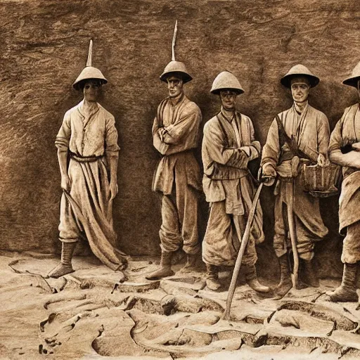 Image similar to ultra detailed photorealistic sepia - toned painting from 1 9 1 7, a small group of british soldiers standing with bedouin traders in traditional arab garb, at an archaeological dig site in wadi rum, ultra realistic, painted, intricate details, lovecraft, atmospheric, dark, horror, brooding, highly detailed, by clyde caldwell