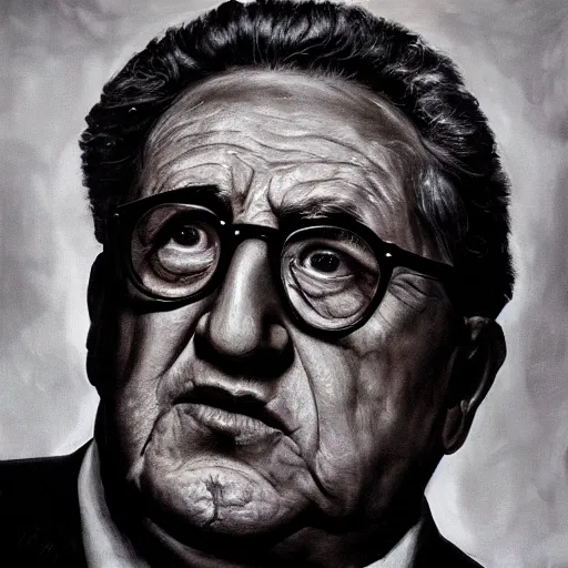 Image similar to a portrait of henry kissinger, hyper realistic, octane render, masterpiece portrait painting. dark, moody, black oil drips from his mouth and eyes, abstract brush strokes, inner glow.
