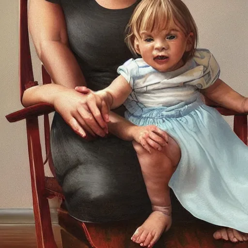 Image similar to hyper-realistic realistic realistic portrait where a very old grandmother appears sitting in a rocking chair. a 3-year-old baby girl appears sitting on the grandmother's leg