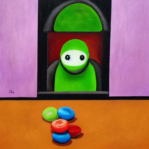 Prompt: the green M&M sitting in a jail cell, surrealist painting