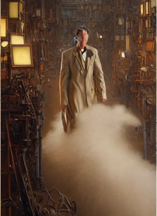 Prompt: A telemarketer walking out of of misty steam clouds, intricate, elegant, highly detailed, donato giancola, Joseph Christian Leyendecker, WLOP, Boris Vallejo, Artgerm