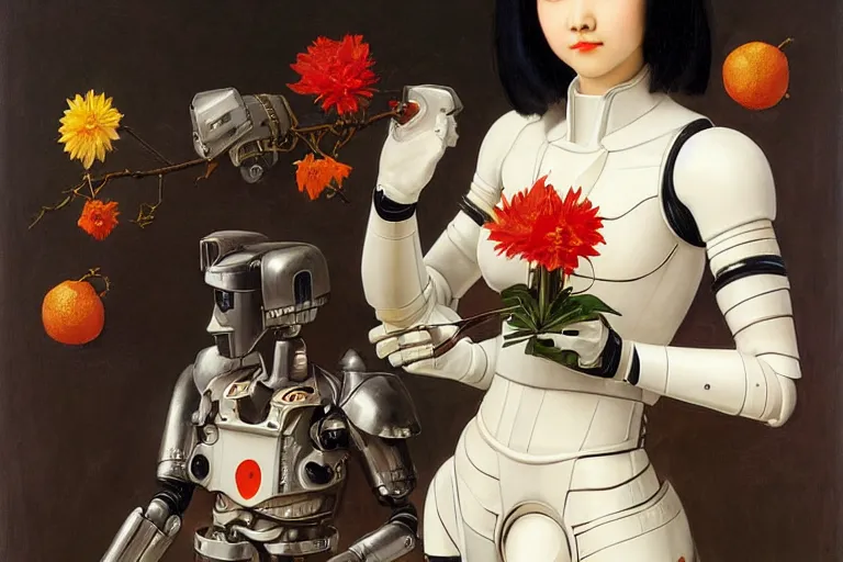 Image similar to a portrait of asian female with short black hair dressed with a robot knight plastic white armor from evangelion, sit in a throne sorrounded by garlands of marble fruits and flowers, masterpiece painted by jc leyendecker