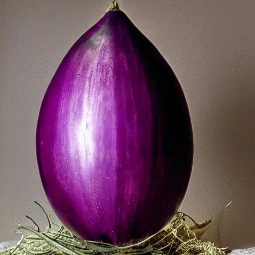 Prompt: a ornate detailed red and purple glowing egg, an eggplant fruit still on the vine