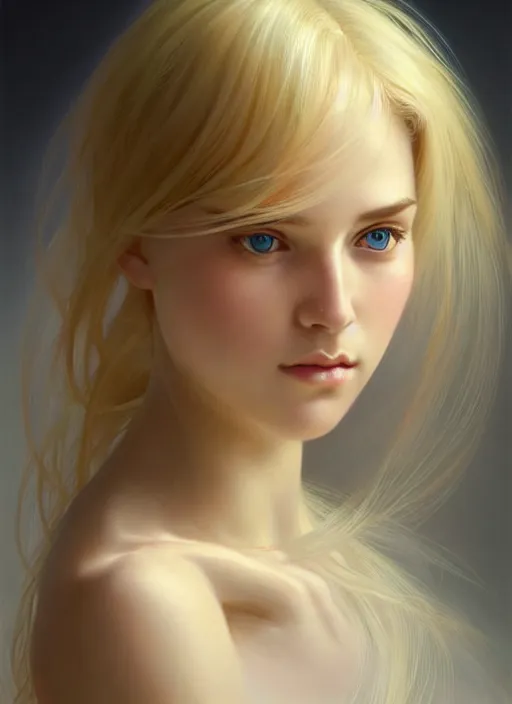 Image similar to face of feminine perfection!! concept art portrait of young wife blessed by god to uncontrollably become overwhelmingly perfect, blonde, symmetrical! intricate, sensual features, highly detailed, biblical!! holy perfection!! digital painting, artstation, smooth, sharp focus, illustration, art by artgerm and greg rutkowski and alphonse mucha