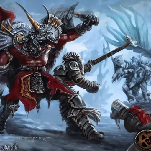 Prompt: karl franz fights kholek suneater hammer to hammer mounted on his griffon deathclaw