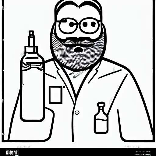 Prompt: scientist bearded lab coat standing measuring large fish line drawing simplistic cartoon pencil shading