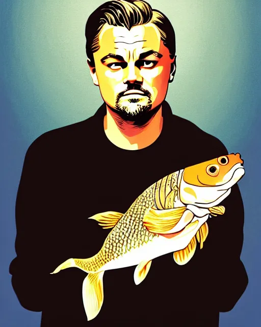 Image similar to painting portrait of leonardo dicaprio and a carp, cartoon, warm lighting, leonardo dicaprio has a carp. leonardo dicaprio and a carp fish. movie poster, illustration by bartek fedyczak, erak note, tooth wu, neil richards, kan liu, siwoo kim, jisu choe, trending on art station