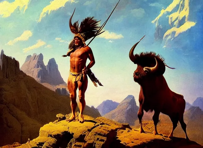 Image similar to willem dafoe as a native american riding bison, buffalo, native american warrior, mountain range, beautiful sky, standing on the edge of a cliff, 1 9 th century, painted by frazetta