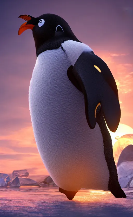 Prompt: lovecraftian penguin monster, humanoid penguin warrior, sinister, giant powerful penguin, muscles, HD render 4k, beautiful sunrise, icy background