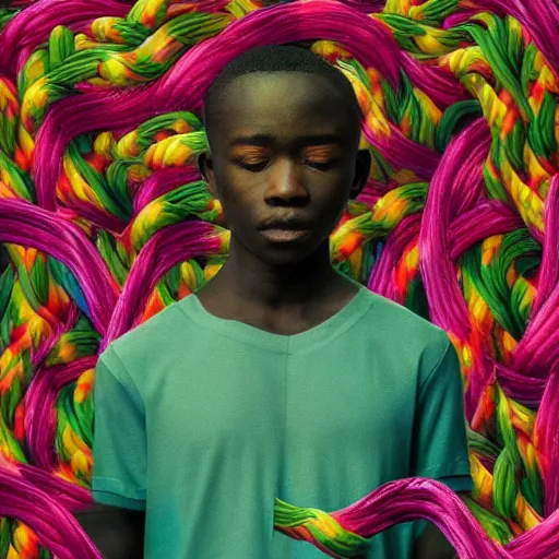 Image similar to colourful vfx art - portrait of nigerian boy wrapped in flowers & vines, art by hsiao - ron cheng & james jean - presented as magazine collage style, volumetric light, colourful, sharp, detailed, digital painting, illustration, illustration, magazine collage, highly detailed, intricate detail, unreal engine, octae render, pinterest, behance, art station,