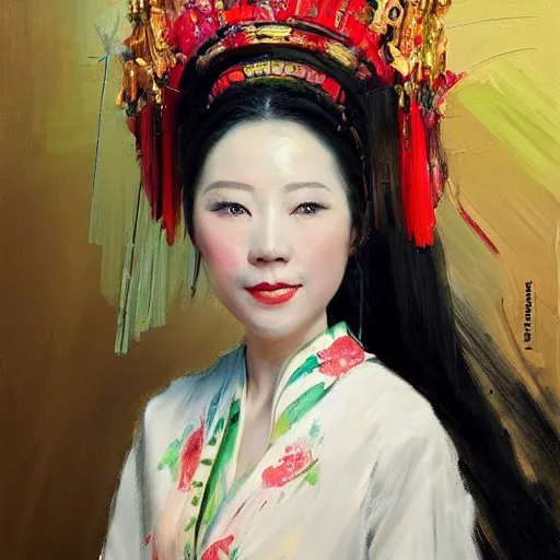 Image similar to spontaneous portrait under painting of a lady in chinese opera headdress, beautiful juicy brush strokes, by richard schmid and sargent, trending on cgsociety, expressionism