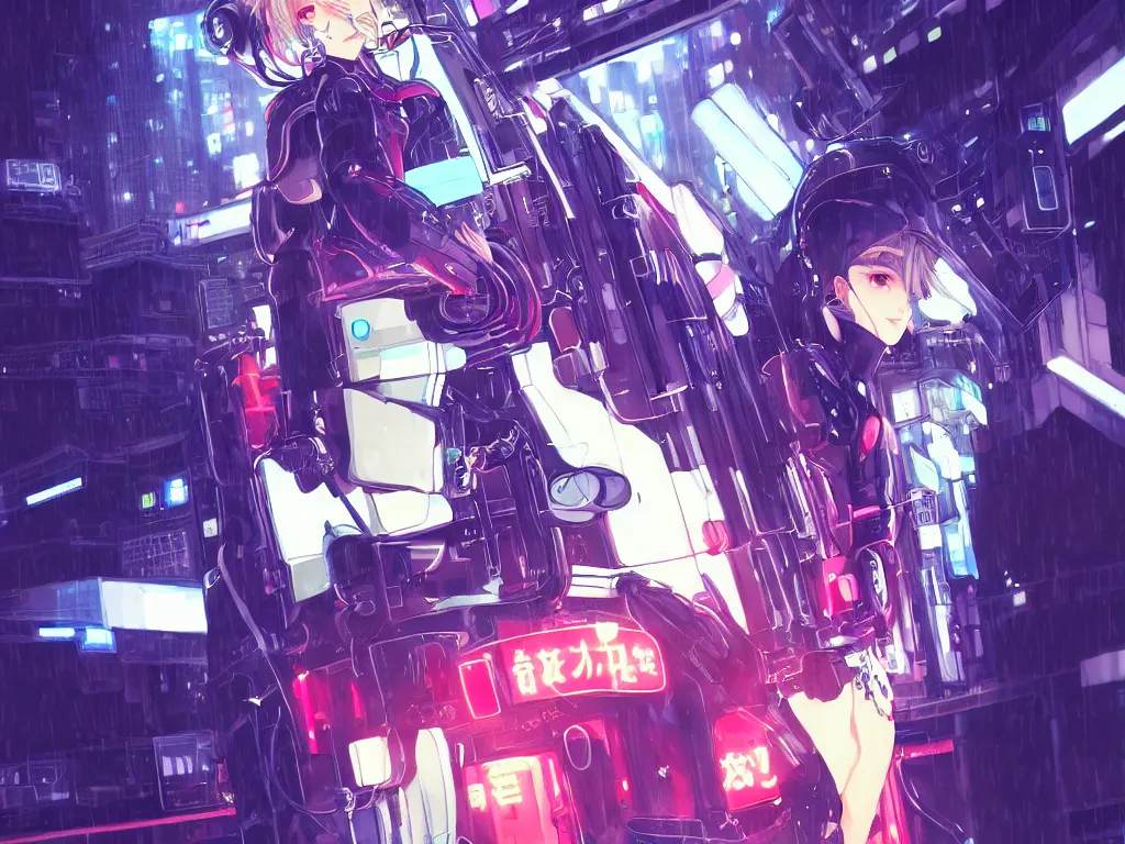 Image similar to portrait key anime visual futuristic female cyber airforce pilot, on cyberpunk neon light tokyo rainy rooftop, ssci - fi and fantasy, intricate and very beautiful, human structure, concept art, sharp focus, anime drawing by huaixuan xiang