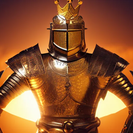 Image similar to a highly detailed full-length knight in a golden helmet and crown with a diamond in the center, golden armor, leather clothes under the armor, leather gloves, artstation, DeviantArt, professional, octane render, sunset lighting