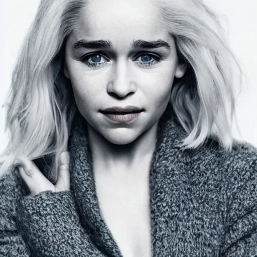 Prompt: photo of emilia clarke, full platinum blond, pale skin, freckle, by richard avedon, realistic, high detail, high quality, trending on pinteresst